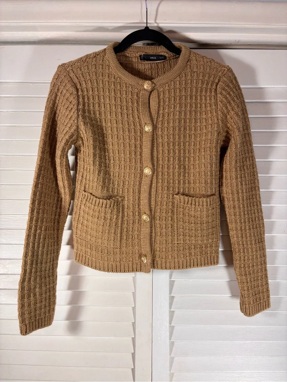 Mango Tan Chunky Knit Wool Blend Cardigan Gold Buttons Size Small